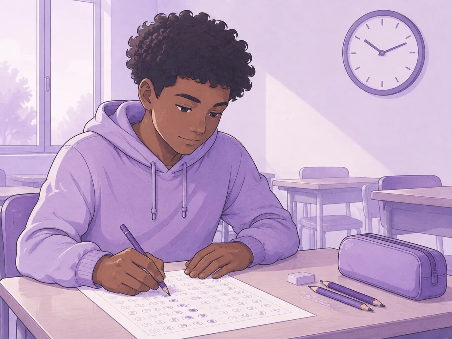 aluno, negro, jovem, do ensino médio, estudando para o ENEM em sua mesa de estudos